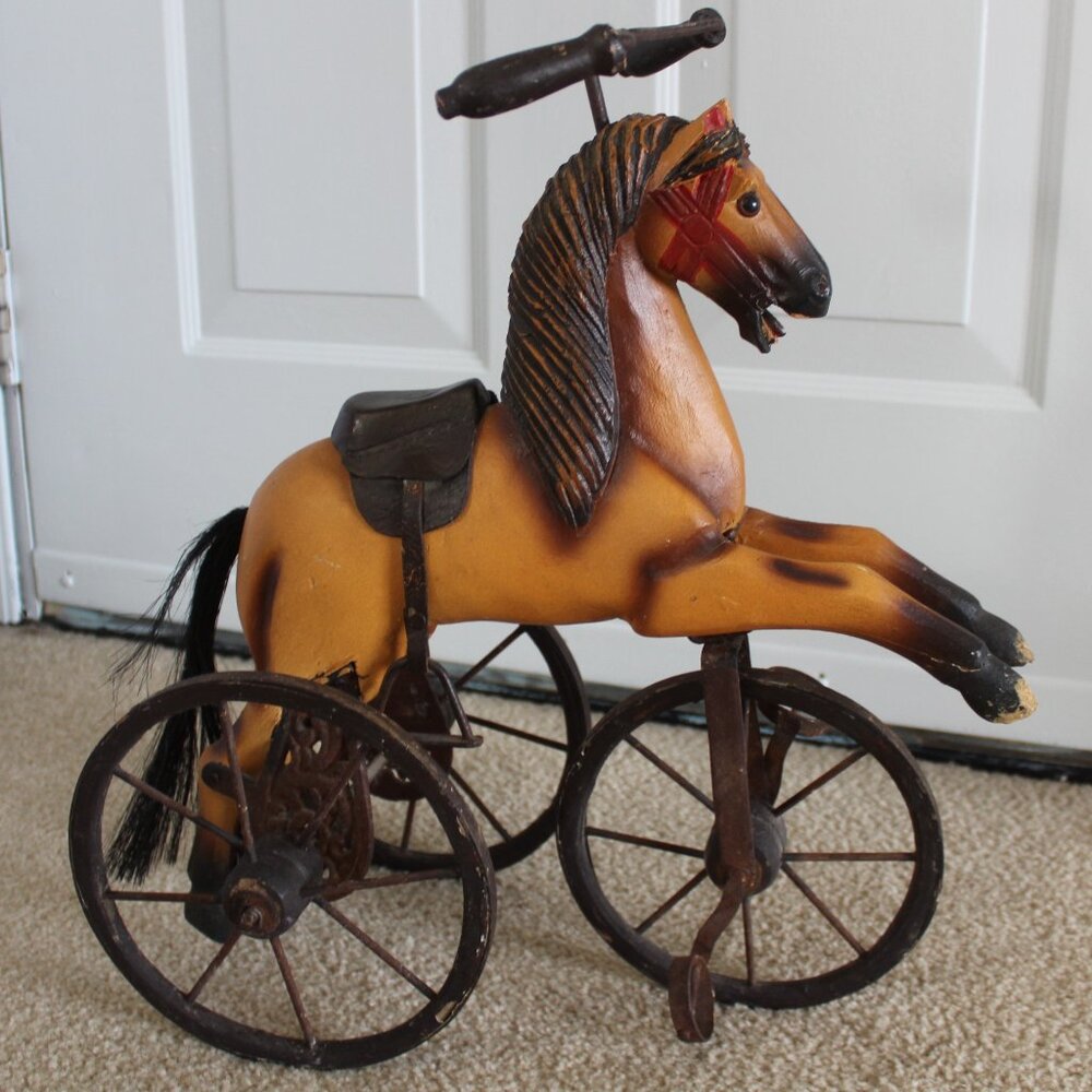 Vintage 17.5"Tall x 16" Wood & Cast Iron Leather Saddle Horse Trike - Picture 1 of 16
